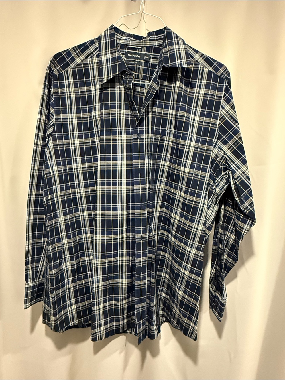 Nautica Navy and White Plaid Long-Sleeve Button-Down Shirt